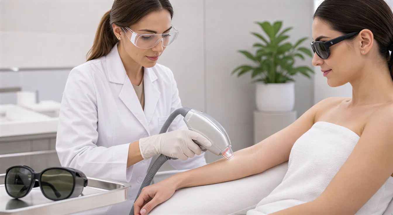 Eine Ärztin behandelt mit einem Laserhandgerät den Arm einer Patientin in einem modernen Behandlungsraum.