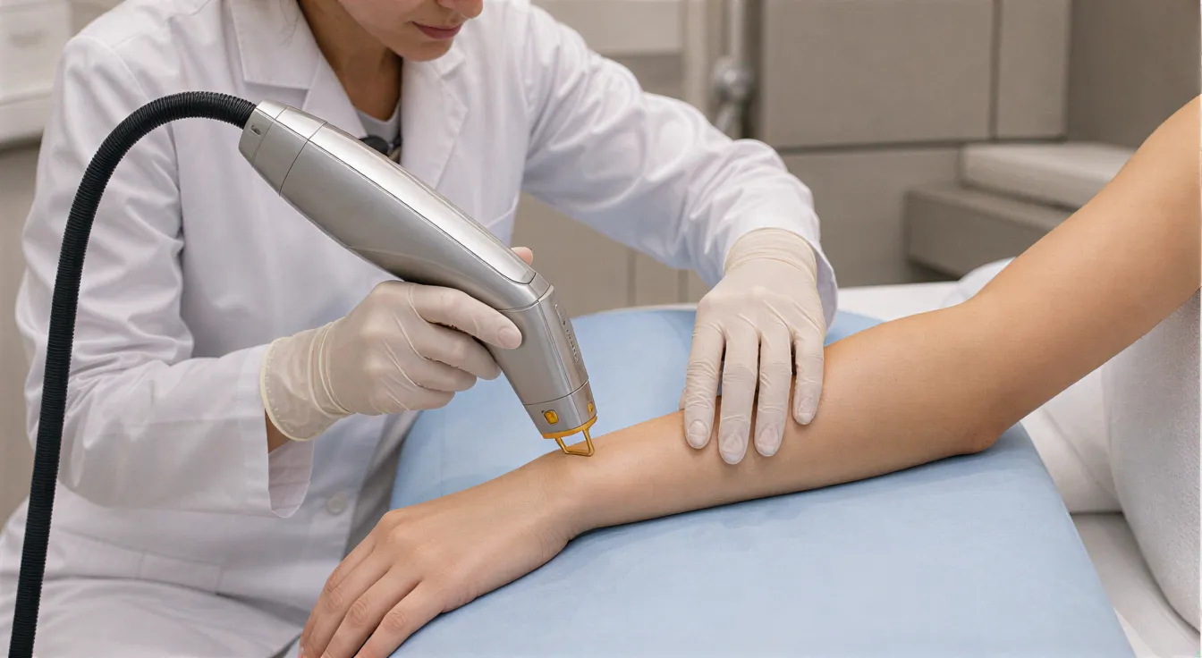 Eine Lasertechnikerin in weißem Kittel behandelt mit einem modernen Gerät den Arm einer Kundin in einer Klinik.
