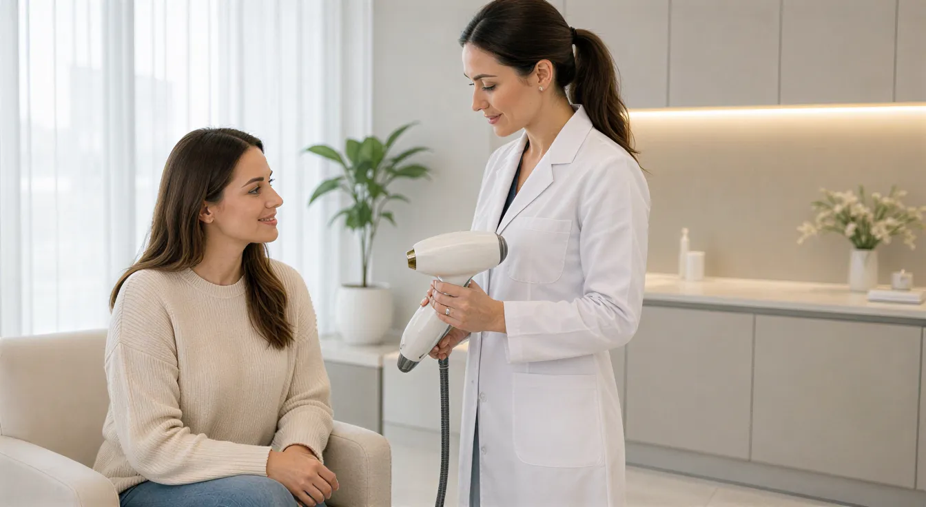 Eine Ärztin erklärt einer Patientin in einem modernen Behandlungsraum eine Laserbehandlung.