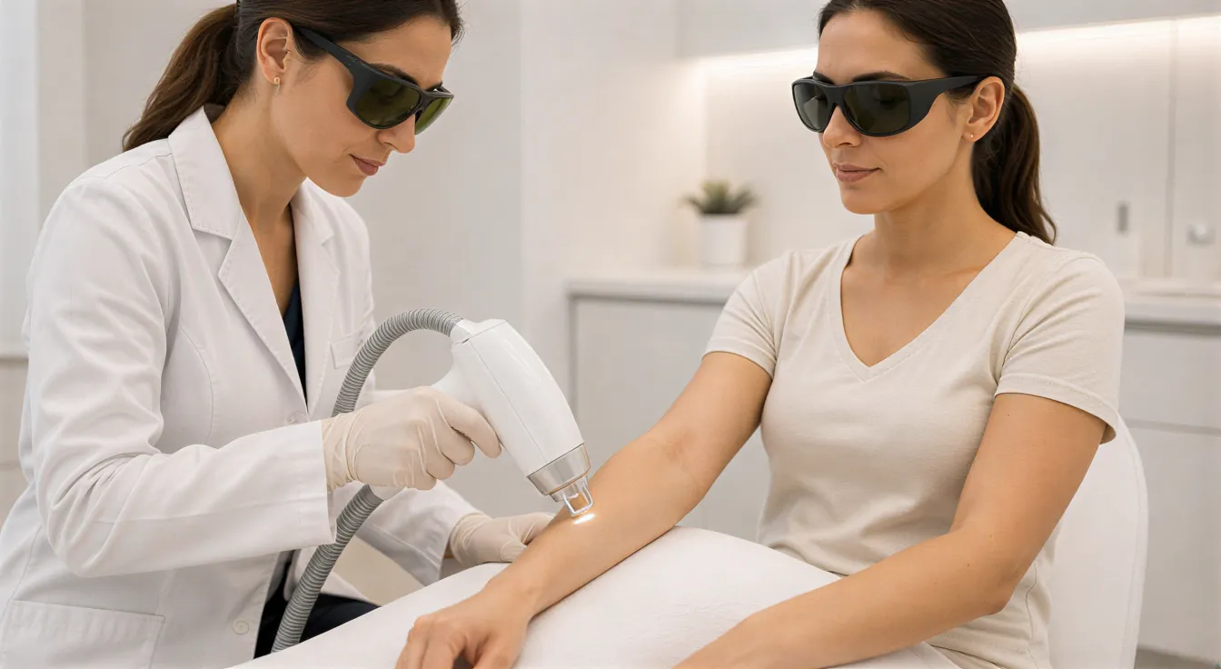 Eine Ärztin führt mit einem Laser-Handstück eine Haarentfernungsbehandlung am Arm einer entspannten Patientin durch.