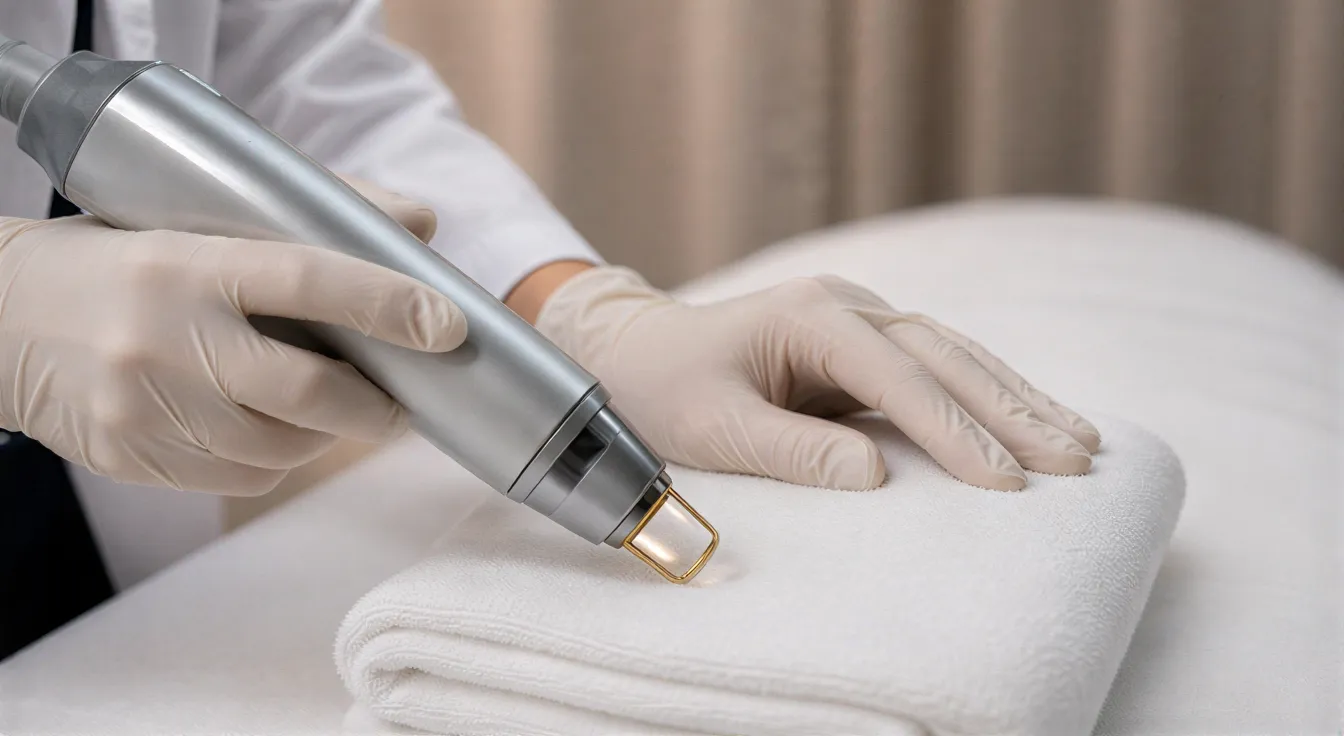 Zwei behandschuhte Hände halten ein modernes Lasergerät über einem weißen Handtuch auf einer Behandlungsliege.