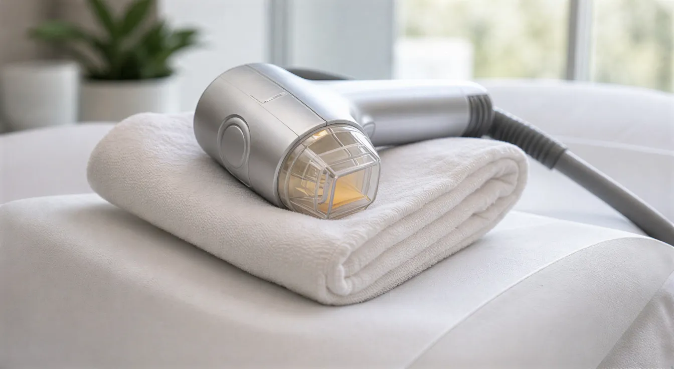 Ein moderner Laser-Handapparat liegt auf einem weißen Handtuch auf einer Behandlungsliege in einem sterilen Behandlungsraum.