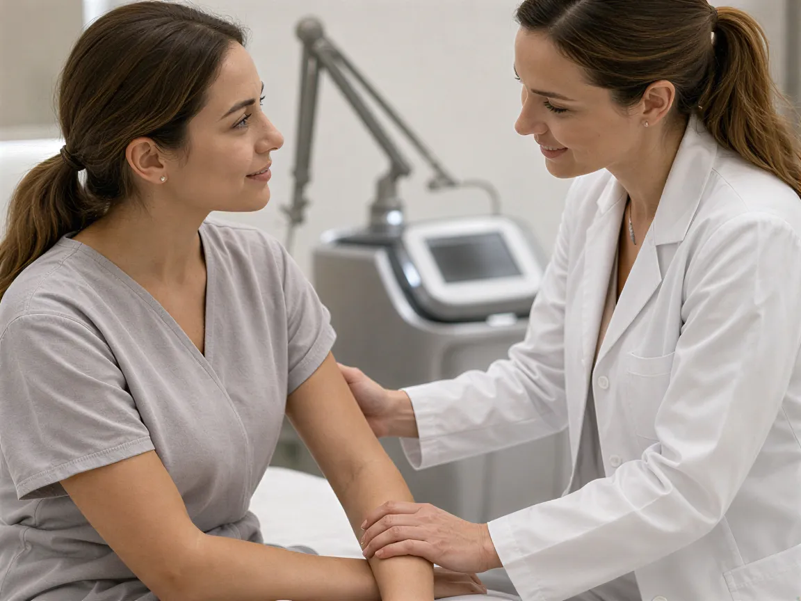 Eine Ärztin beruhigt eine Patientin in einer modernen Hautarztpraxis vor einem Lasergerät.