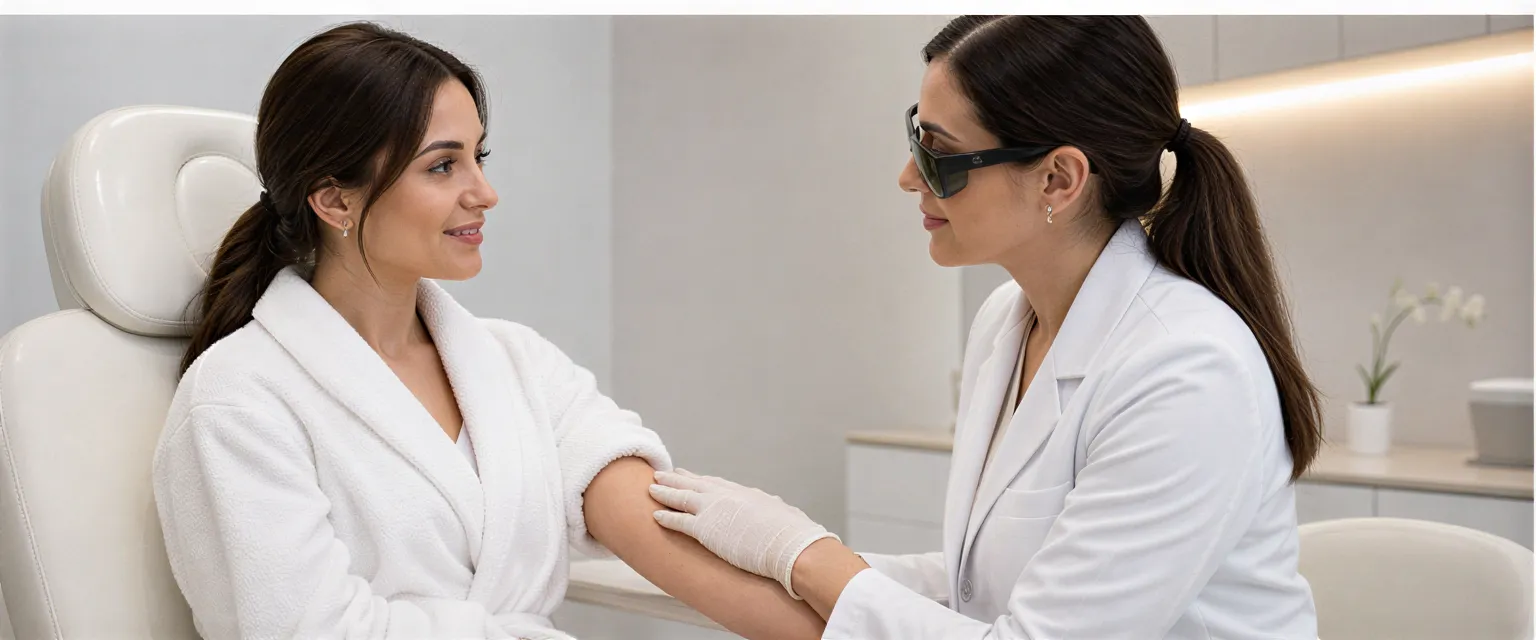 Eine Dermatologin erklärt einer Patientin in einer modernen Praxis eine Behandlung an ihrem Unterarm.
