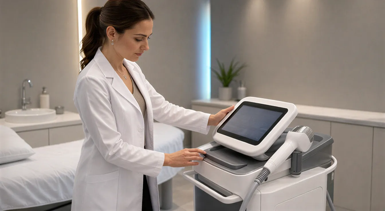 Eine Ästhetikerin in weißem Kittel richtet einen modernen Diode-Laser in einem minimalistischen Behandlungsraum ein.