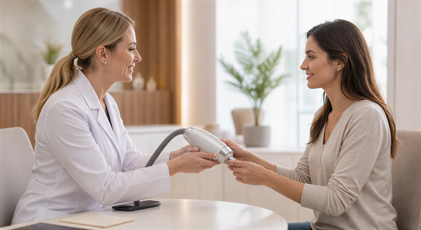 Eine Dermatologin übergibt einer Klientin ein Lasergerät in einem modernen, hellen Behandlungsraum.