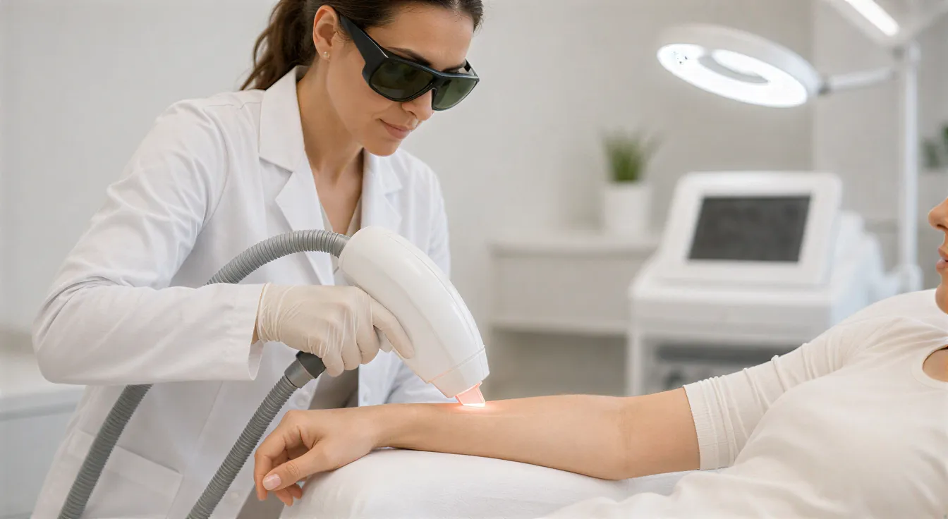 Eine Ärztin führt mit einem Lasergerät eine Haarentfernungsbehandlung am Unterarm einer Patientin durch.