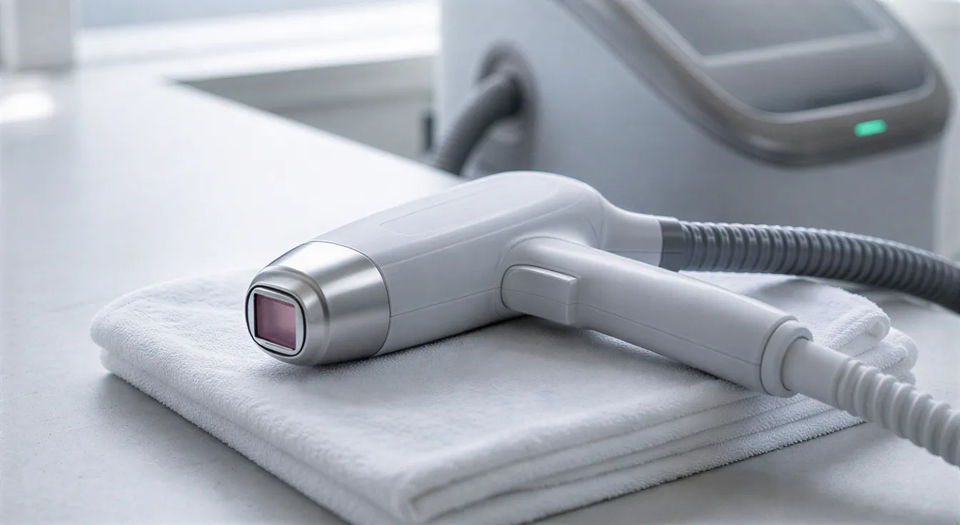 Ein moderner Diode-Laser-Handapparat liegt auf einem sterilen weißen Tuch auf einer kühlen Arbeitsplatte in einer Klinik.