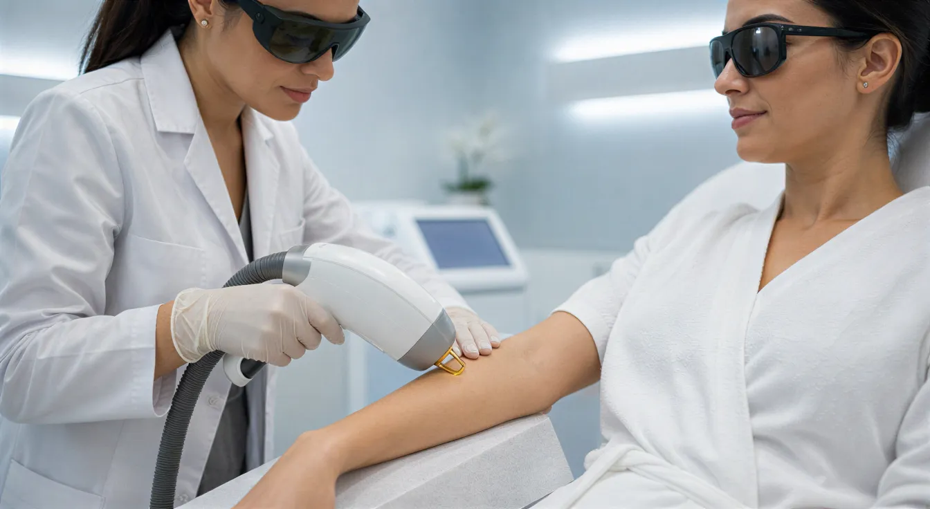 Eine Ärztin führt eine Laserbehandlung am Arm einer Patientin in einem modernen Behandlungsraum durch.