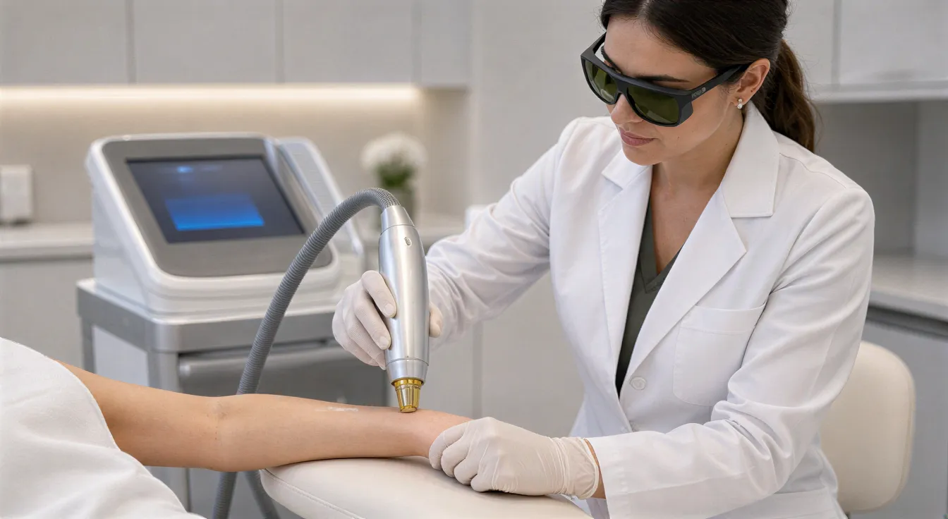Eine Ärztin führt mit einem modernen Laser eine Haarentfernungsbehandlung am Arm einer Patientin durch.