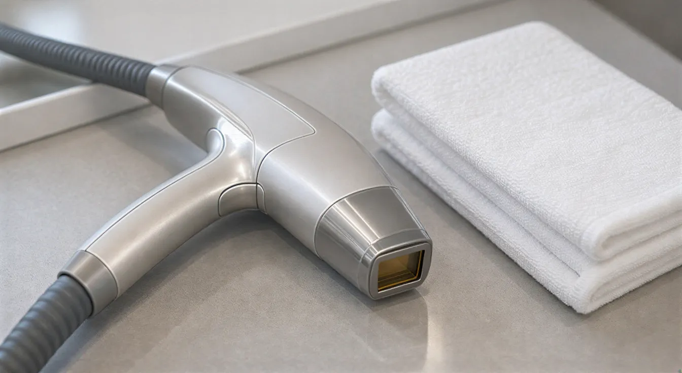 Ein moderner Laserhandapparat und ein gefaltetes Handtuch liegen auf einer sauberen Arbeitsplatte in einer Behandlungspraxis.