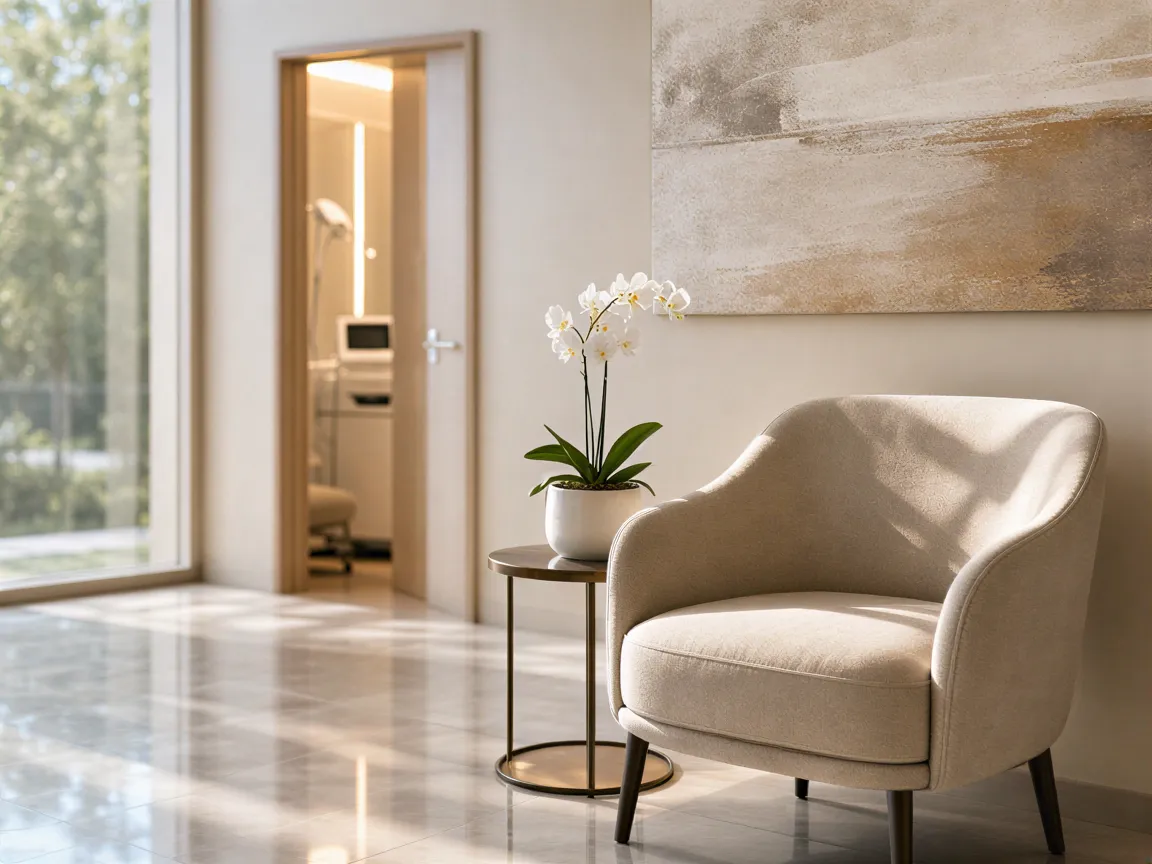 Ein helles, modernes Wartezimmer mit minimalistischen Sesseln, Orchidee und abstrakter Kunst an der Wand.
