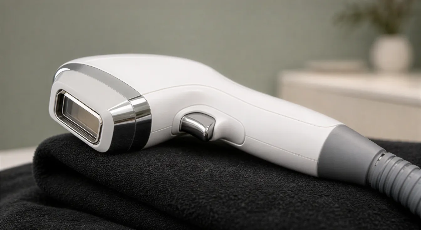 Ein moderner Laser-Handapparat liegt auf einem schwarzen Mikrofasertuch in einem ruhigen Behandlungsraum.