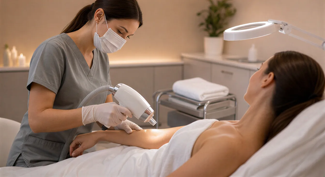 Eine Patientin liegt auf einer Behandlungsliege, während eine Ärztin mit einem Lasergerät an ihrem Unterarm arbeitet.