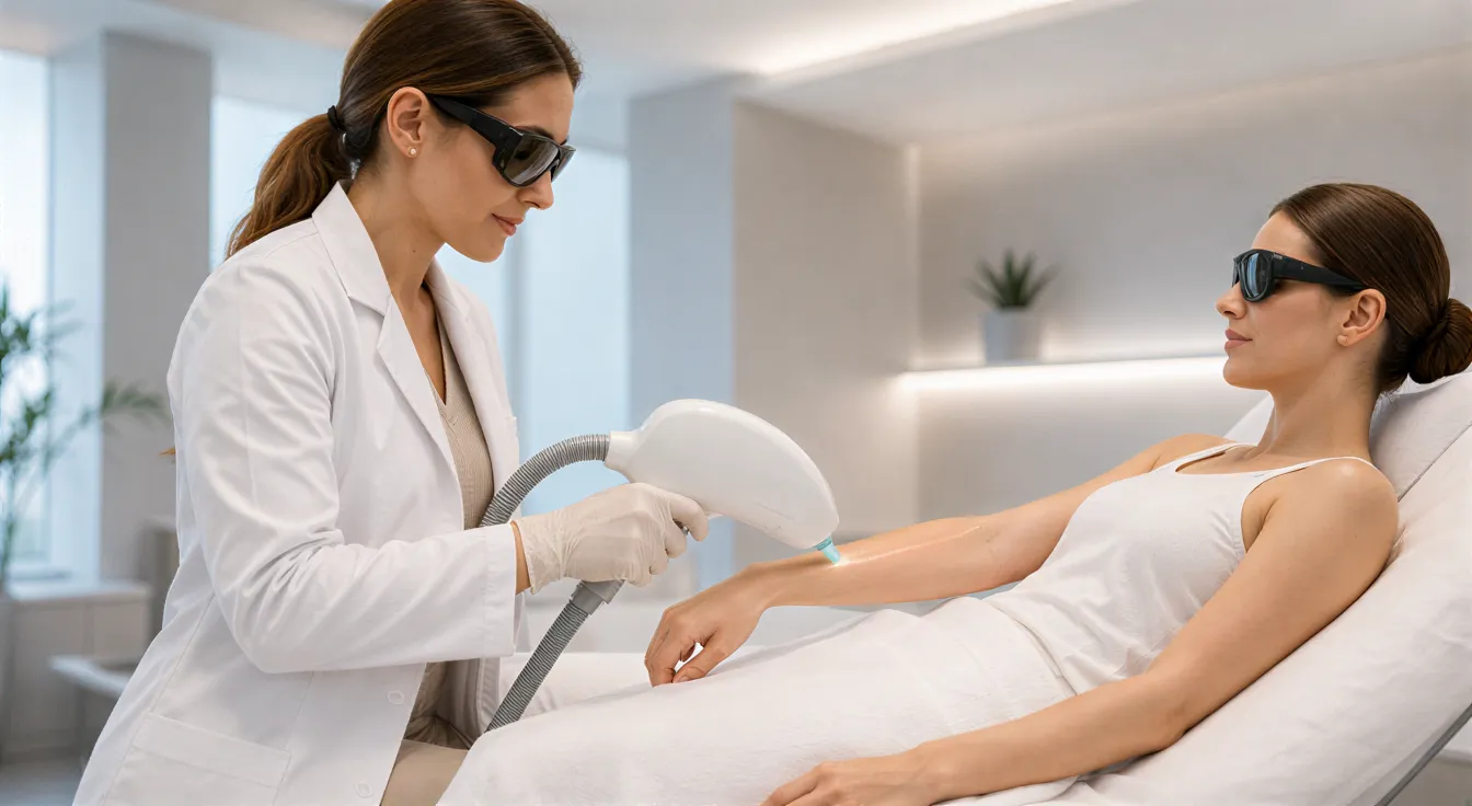 Eine Ästhetikerin führt eine Laserbehandlung am Arm einer Klientin in einem modernen Behandlungsraum durch.
