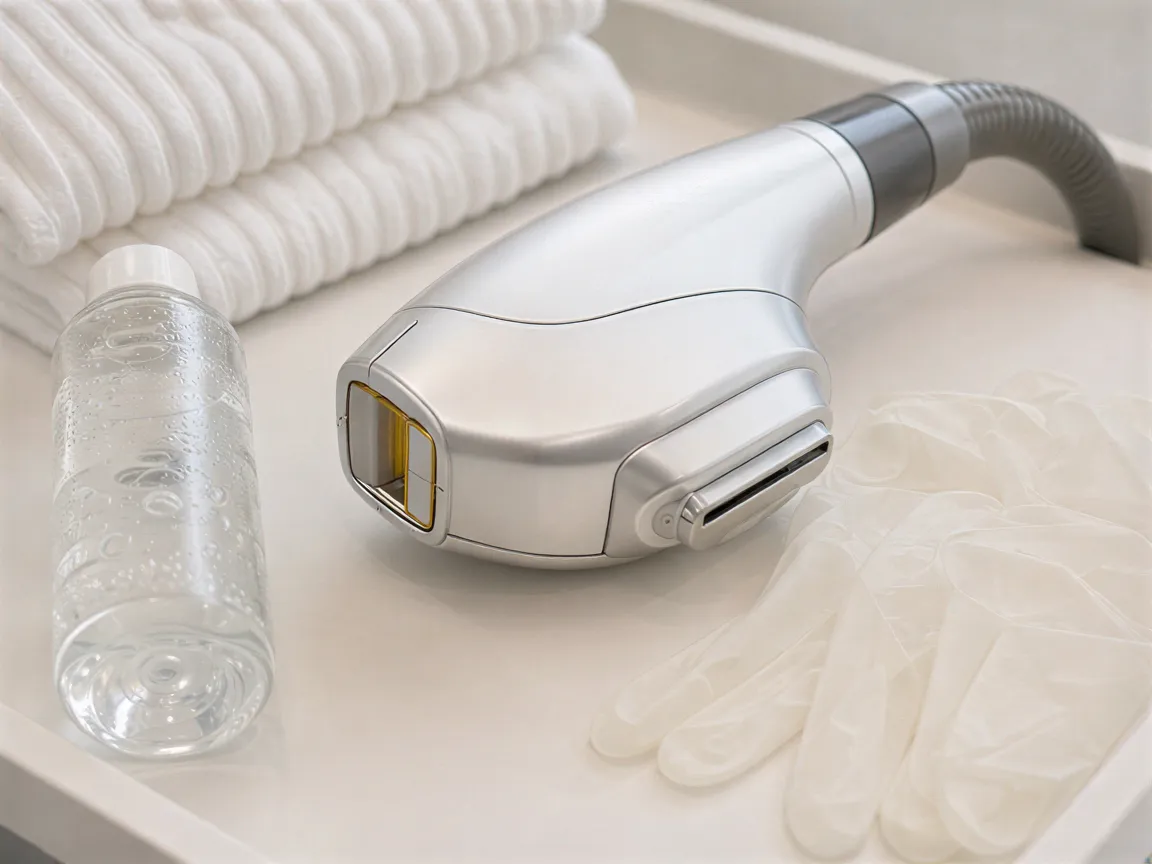 Ein moderner Laser-Haarentfernungs-Handapparat liegt auf einem weißen Medizintablett mit Handschuhen und Gel.
