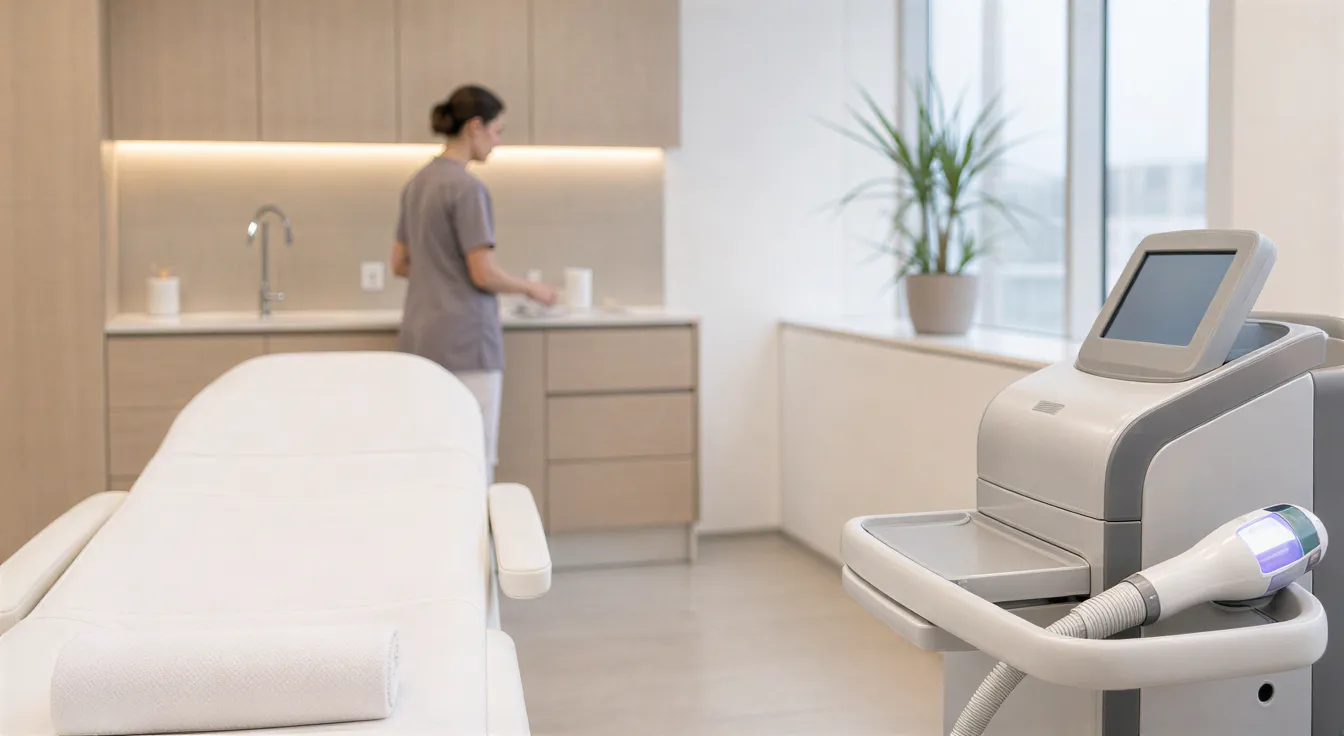 Eine moderne Laserklinik mit einer Behandlungsliege und einem Laser, eine Ästhetikerin bereitet Geräte vor.
