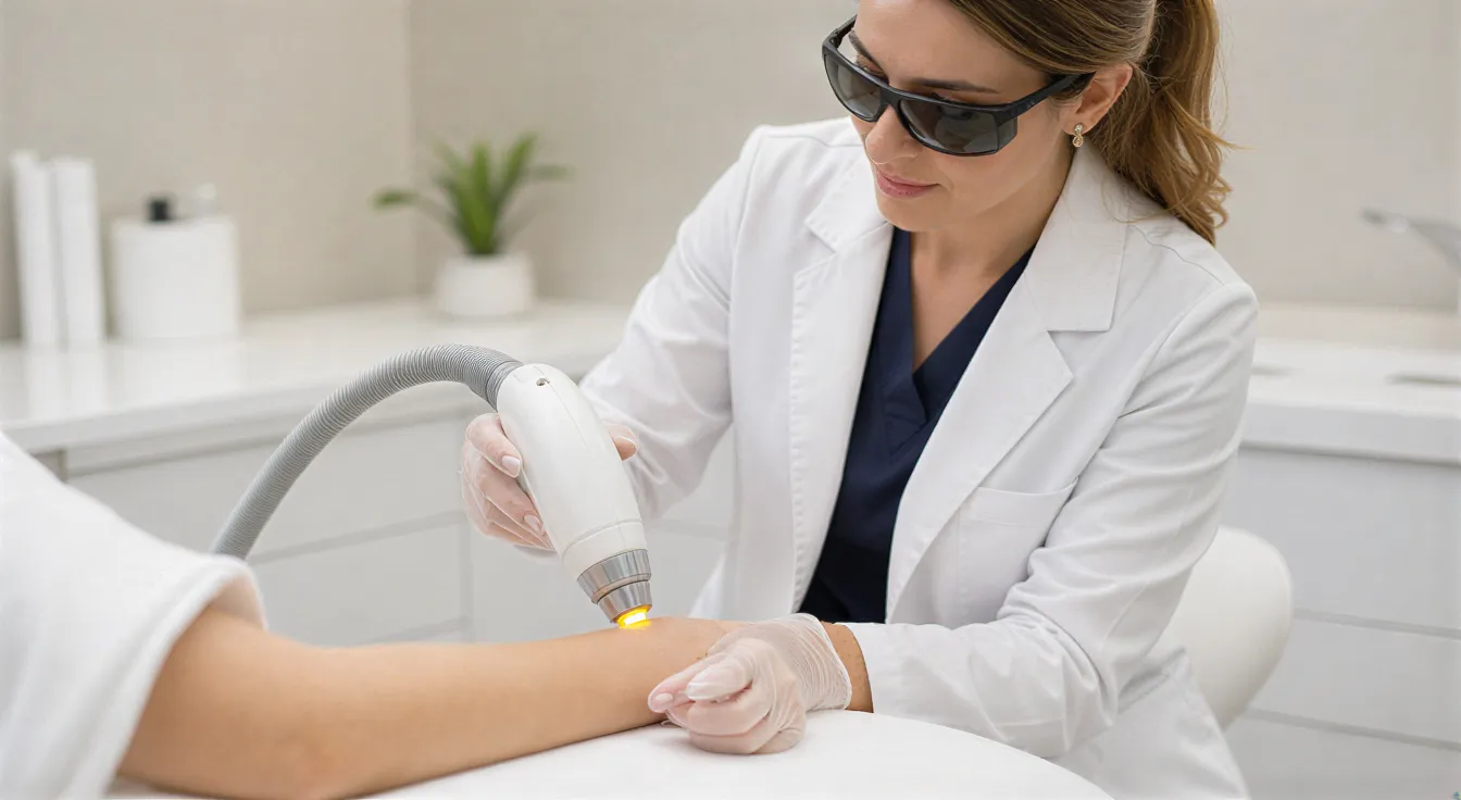 Eine Dermatologin führt mit einem modernen Laser eine Haarentfernungsbehandlung am Unterarm einer Patientin durch.