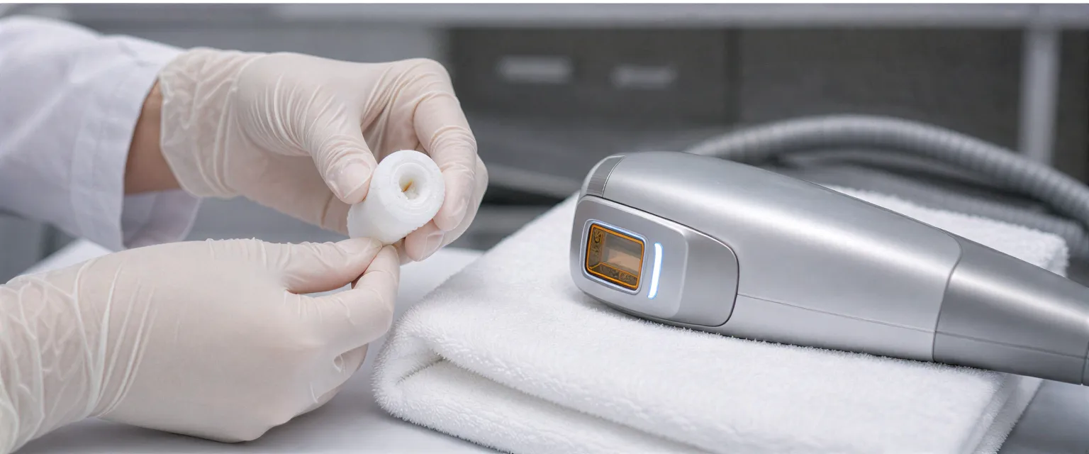Zwei behandschuhte Hände bereiten einen Laser-Handapparat und sterile Watte auf einem weißen Handtuch vor.