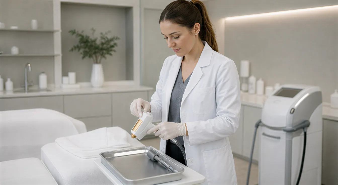 Eine Lasertechnikerin bereitet ein medizinisches Lasergerät auf einem sterilen Tablett in einem modernen Behandlungsraum vor.