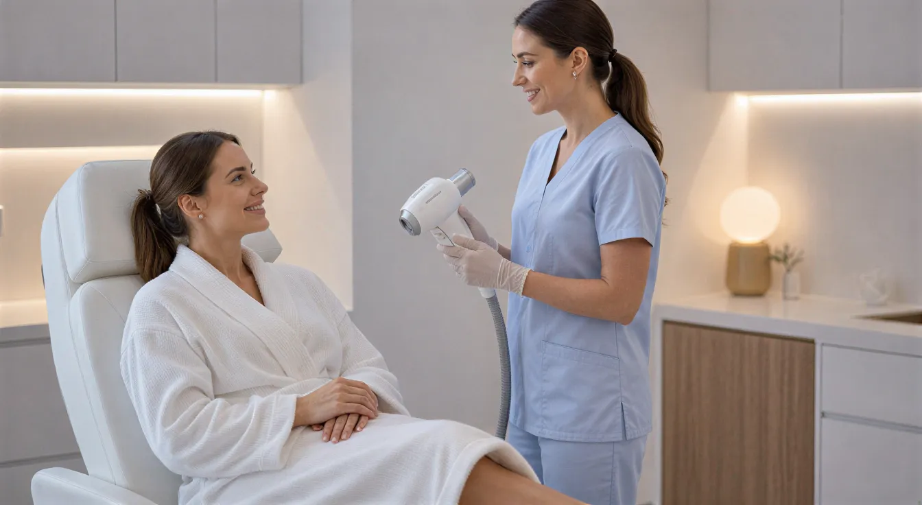 Eine Patientin im Bademantel bespricht mit einer Ärztin in hellen Scrubs eine Laserbehandlung in einem modernen