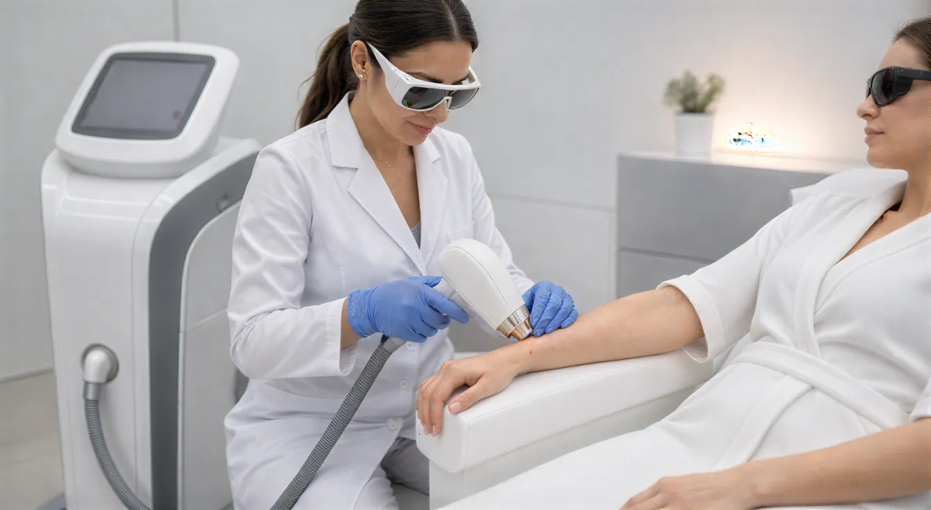 Eine Dermatologin führt mit einem modernen Laser eine Haarentfernungsbehandlung am Unterarm einer entspannten Klientin durch.