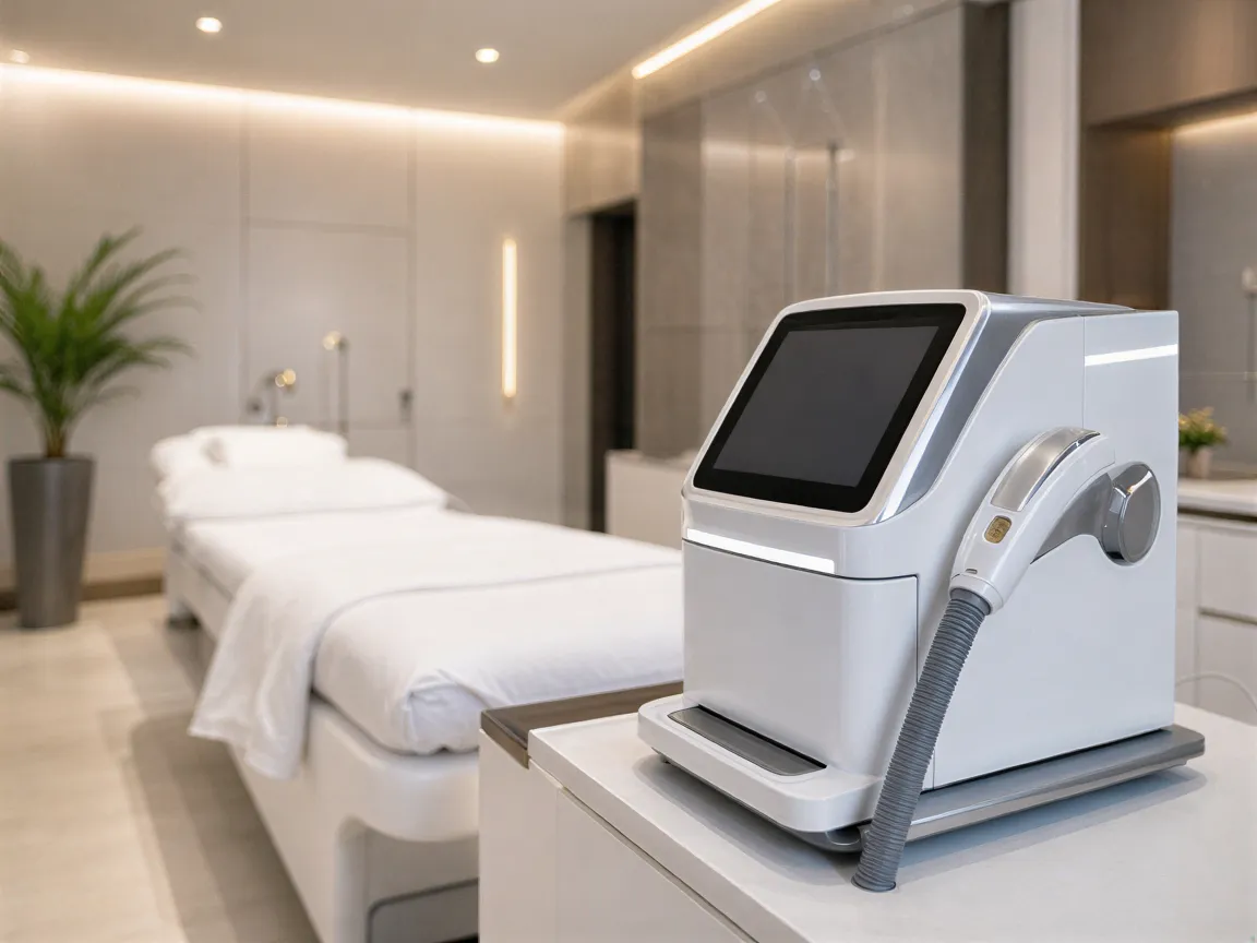 Ein moderner Laser-Haarentfernungsgerät auf einer sauberen Arbeitsplatte in einer ruhigen Behandlungspraxis.