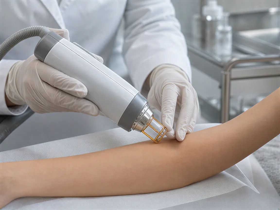Eine Ästhetikerin in weißem Kittel bedient präzise ein modernes Lasergerät am Arm einer Klientin in einer klinisch sauberen