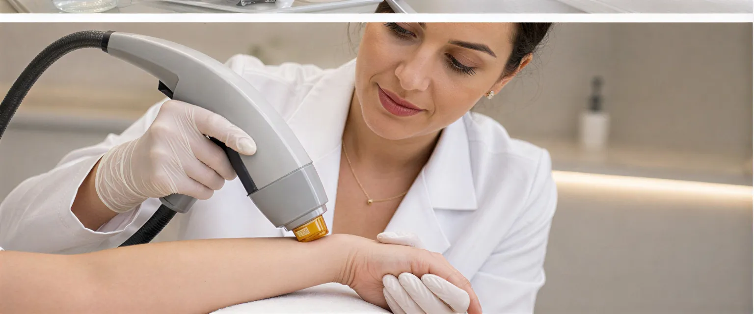 Eine Dermatologin führt eine Laser-Haarentfernungsbehandlung an einem Unterarm in einem sterilen Behandlungsraum durch.