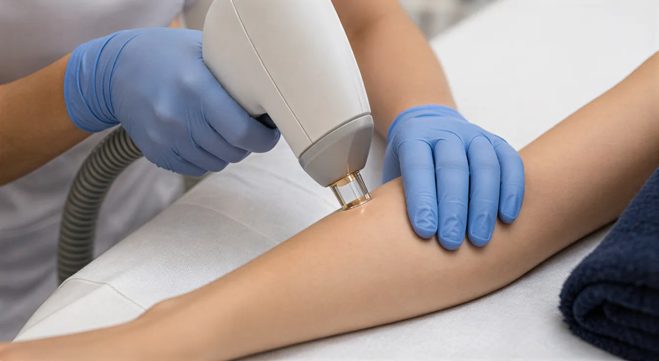 Eine Ärztin führt mit einem Lasergerät eine Haarentfernungsbehandlung am Unterarm einer Patientin durch.