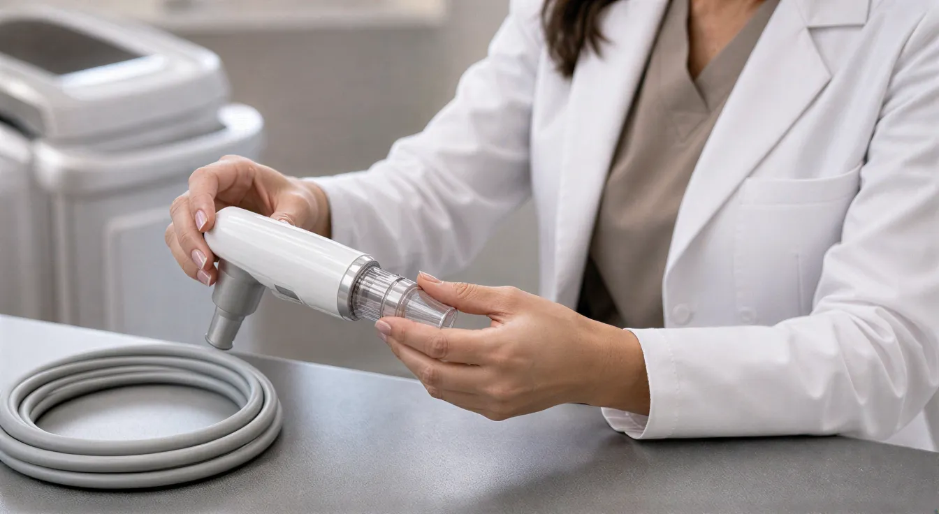 Eine Ärztin bereitet ein modernes Lasergerät auf einem Behandlungswagen vor.