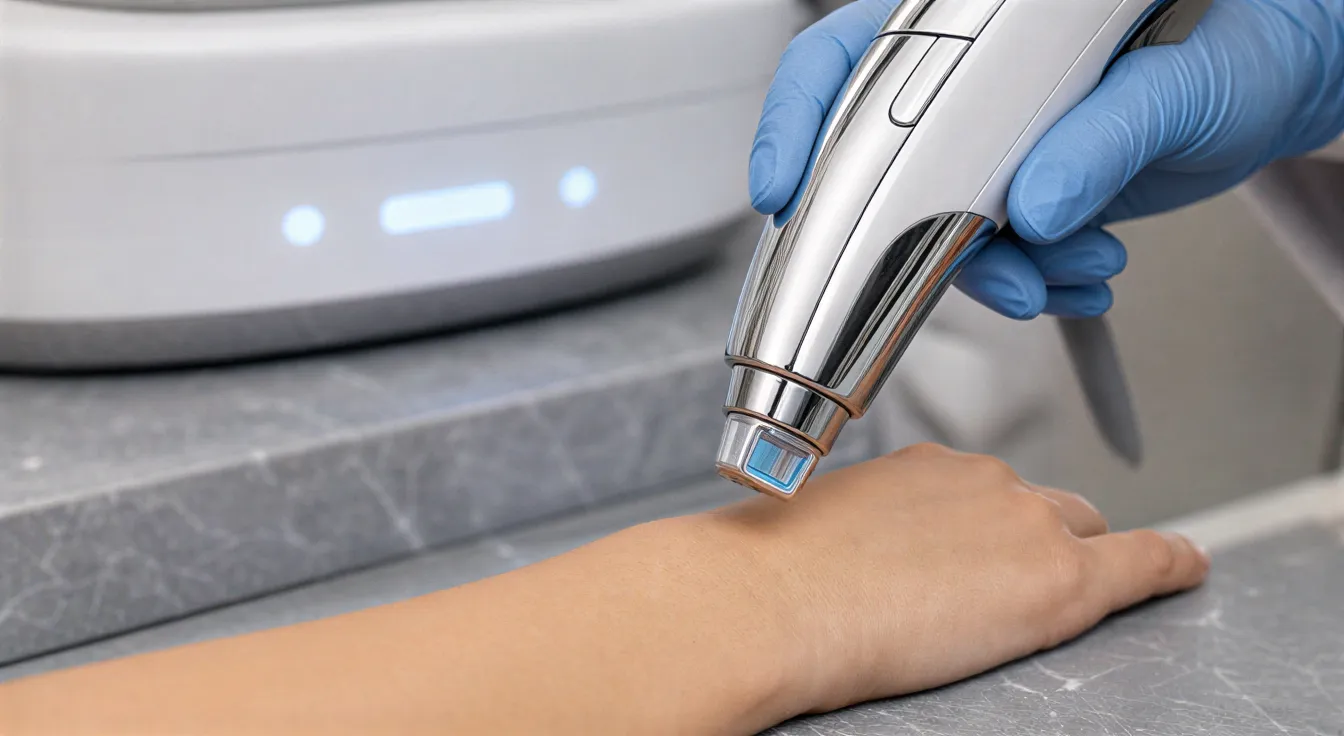 Eine behandschuhte Hand hält ein modernes Laser-Handstück über einen Unterarm auf einem sterilen Behandlungstisch.