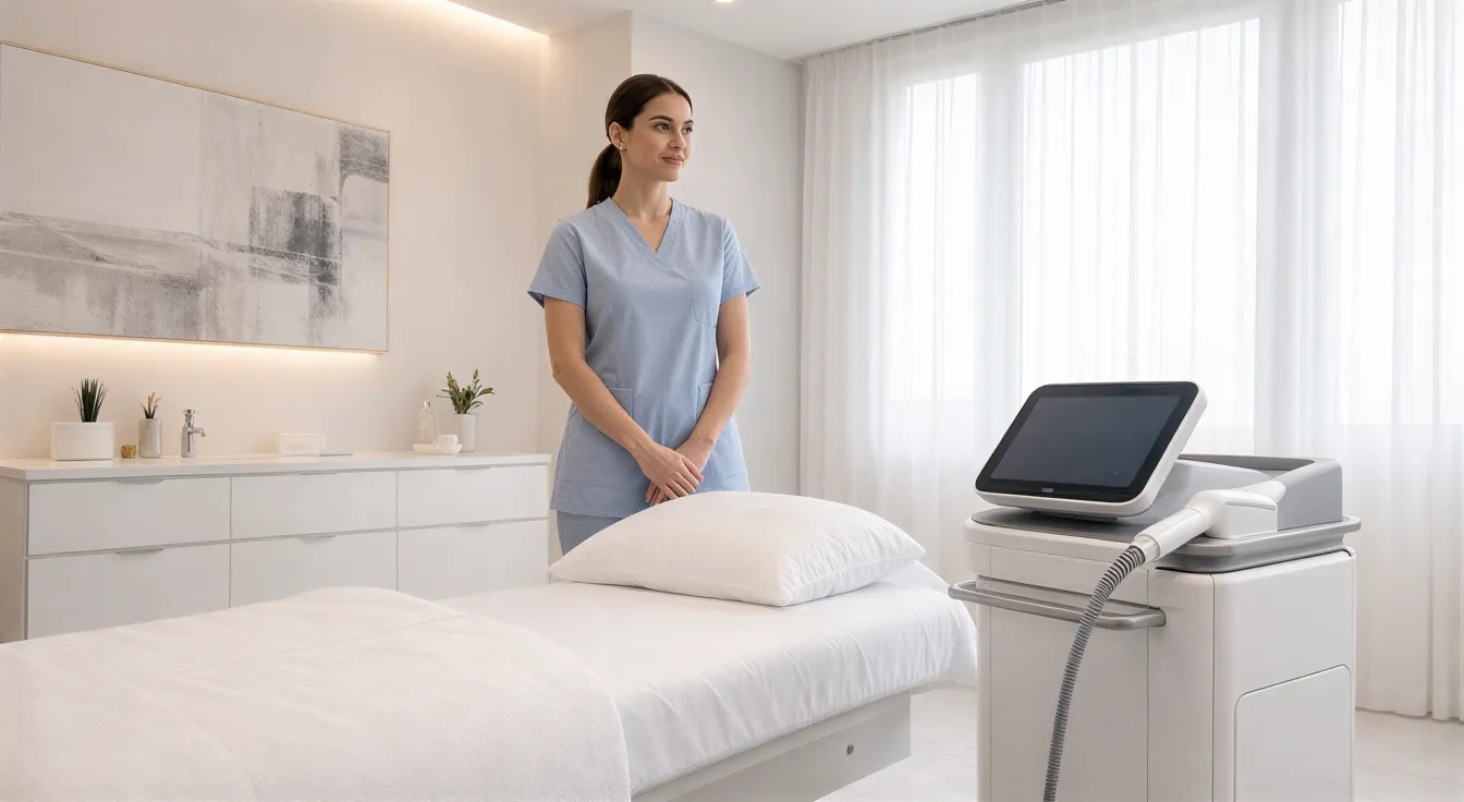 Eine medizinische Fachkraft in blauen Scrubs steht neben einem Behandlungslieger in einem modernen Lasertherapieraum.
