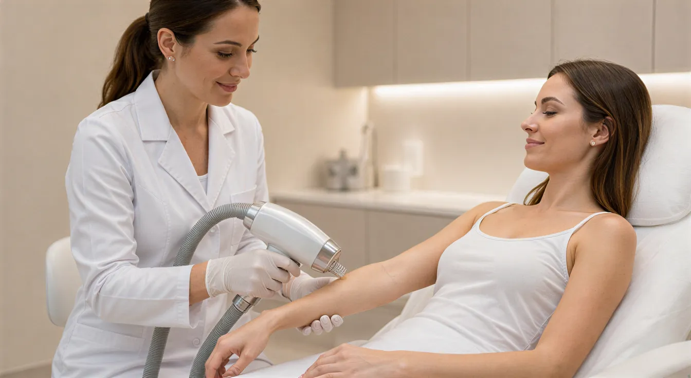 Eine Ärztin behandelt mit einem modernen Laser die entspannte Patientin in einem ruhigen Behandlungsraum.