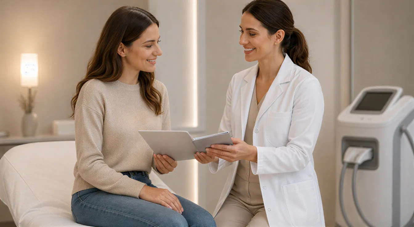 Eine Ärztin übergibt einer Patientin in einem modernen Behandlungsraum vertrauensvoll eine Informationsbroschüre.