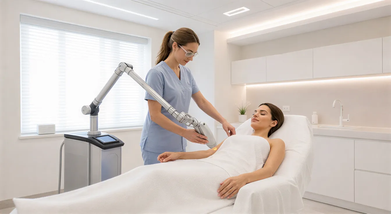 Eine Patientin liegt entspannt auf einer Behandlungsliege, während eine Fachkraft einen Laser einstellt.