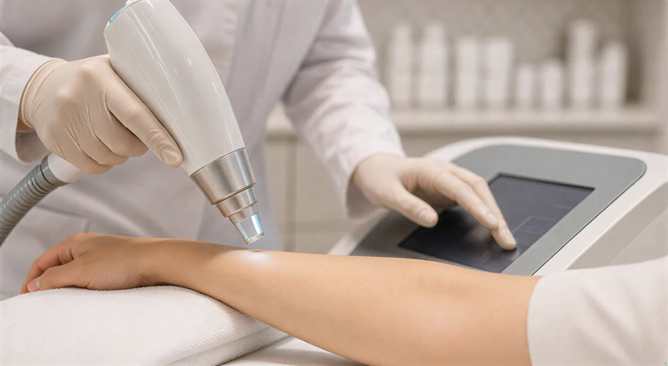 Eine Lasertechnikerin stellt präzise ein medizinisches Lasergerät über dem Unterarm einer Klientin ein.