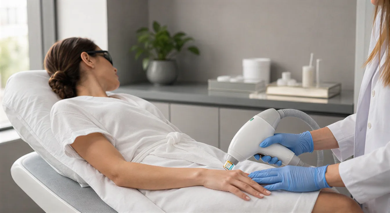 Eine Patientin liegt entspannt auf einer Behandlungsliege, während eine Ärztin mit Lasergerät an ihrem Unterarm arbeitet.