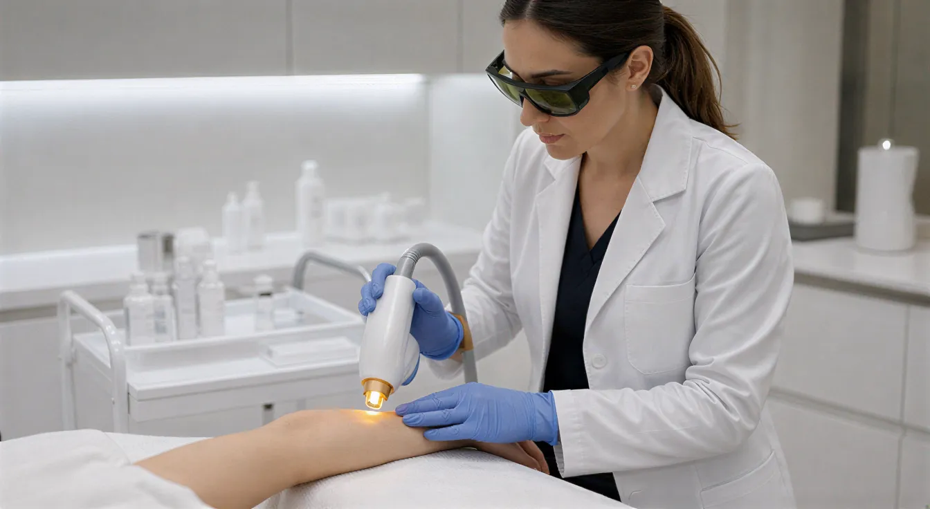 Eine Dermatologin führt mit einem medizinischen Laser eine Haarentfernungsbehandlung am Unterarm einer Klientin durch.