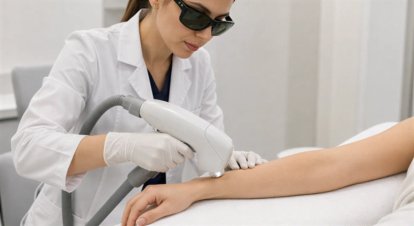 Eine Ärztin führt mit einem modernen Laserhandstück eine Haarentfernungsbehandlung an einem Unterarm durch.