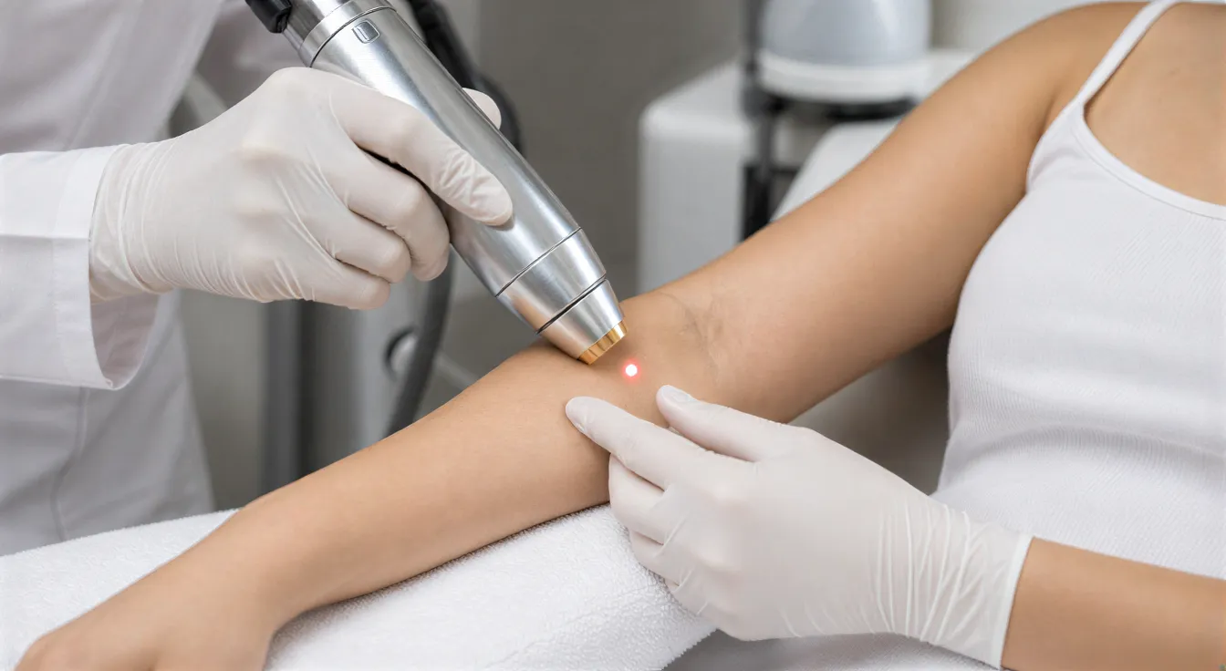 Eine Ärztin führt mit einem Laserhandstück eine Haarentfernungsbehandlung am Unterarm einer Patientin durch.