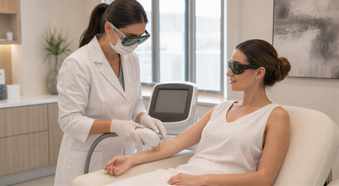 Eine Patientin liegt auf einer Behandlungsliege, während eine Technikerin mit einem Laserhandstück an ihrem Arm arbeitet.