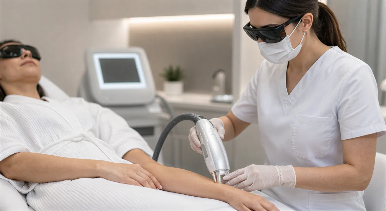 Eine Patientin mit Schutzbrille liegt während einer Laserbehandlung an ihrem Unterarm in einem modernen Behandlungsraum.