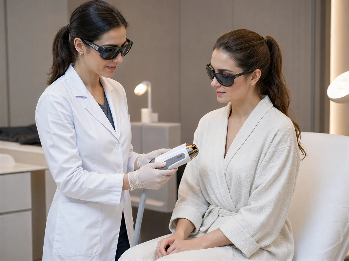 Eine Klientin im Bademantel und eine Ärztin mit Schutzbrille besprechen ein Laserbehandlungsgerät in einer modernen Klinik.