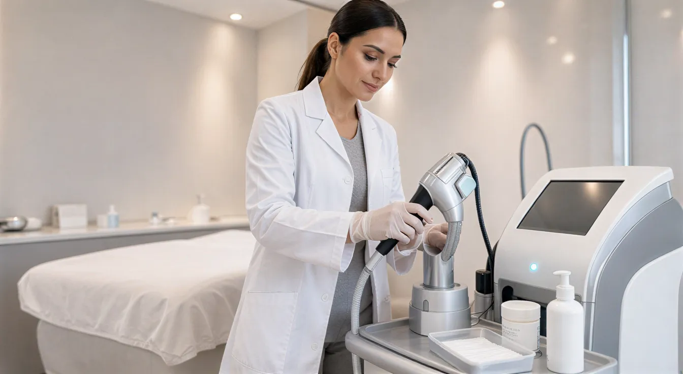 Eine Ärztin bereitet in einer modernen Praxis ein Lasergerät auf einem Behandlungswagen vor.