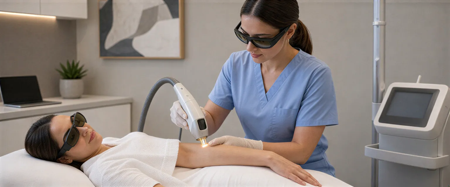 Eine Patientin liegt entspannt auf einer Behandlungsliege, während eine Ärztin mit einem Lasergerät an ihrem Arm arbeitet.
