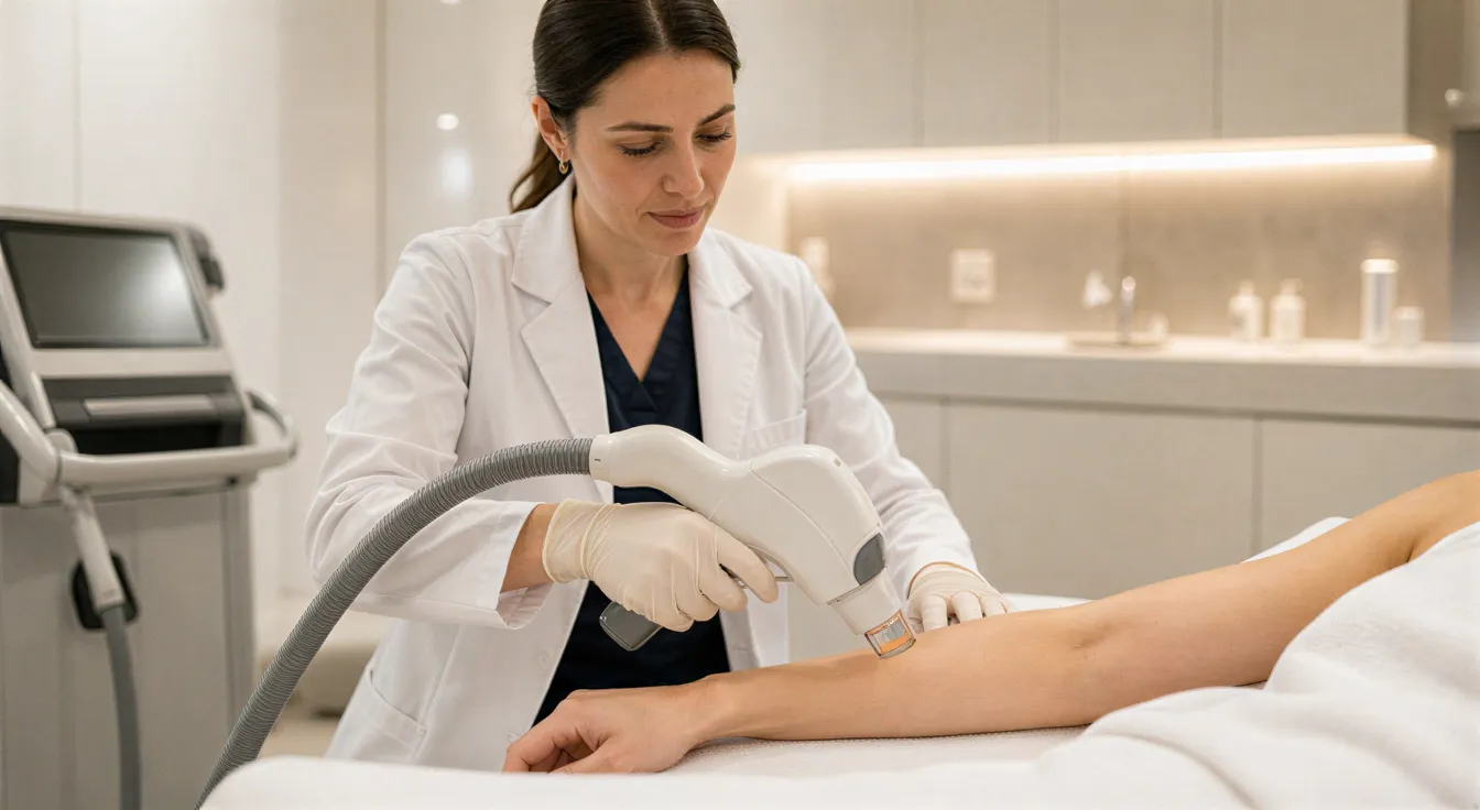 Eine Ärztin führt eine präzise Laser-Haarentfernungsbehandlung am Arm einer Patientin in einem sterilen Behandlungsraum