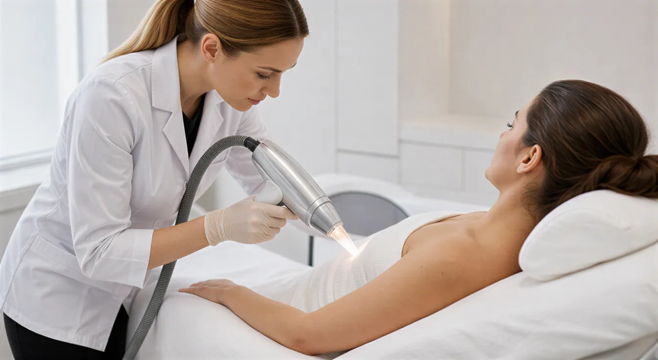 Eine Dermatologietechnikerin führt mit einem modernen Laser eine Haarentfernungsbehandlung am Arm einer Patientin durch.
