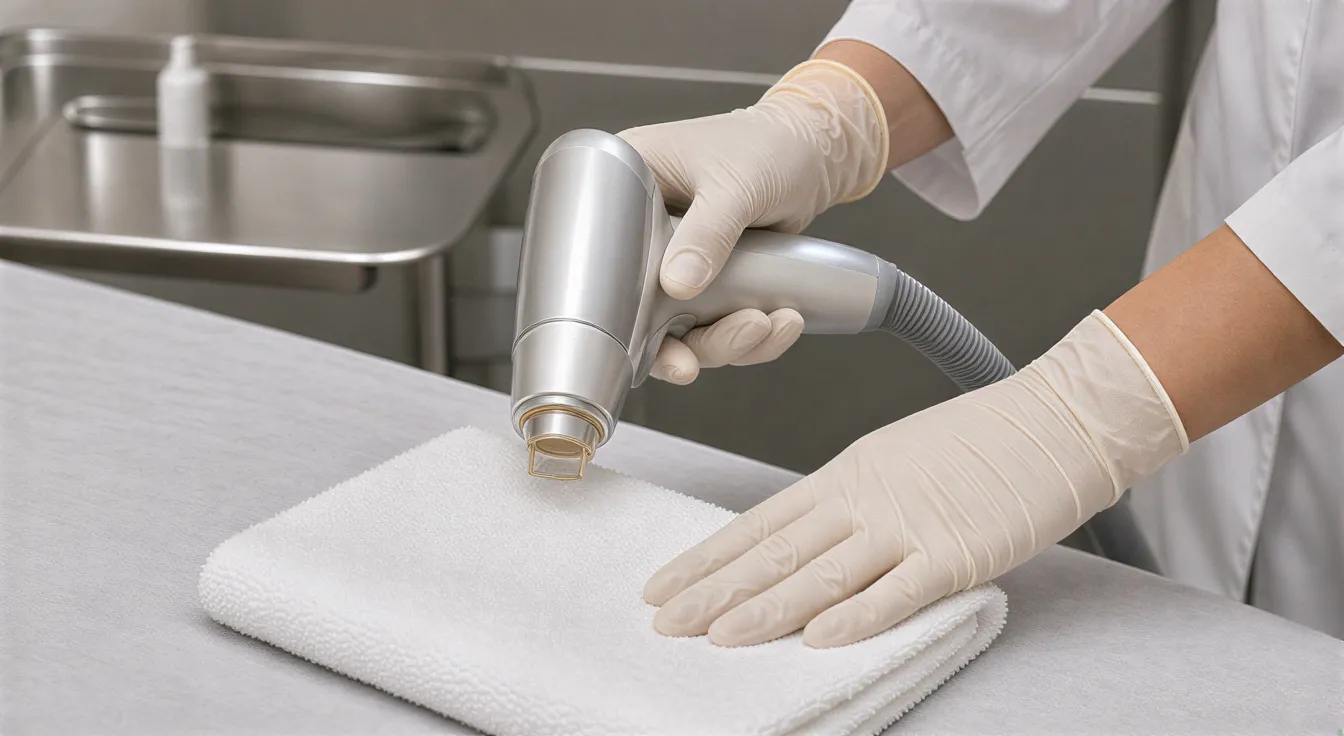 Zwei behandschuhte Hände halten ein präzises Laserinstrument über einem weißen Handtuch auf einer Behandlungsliege.