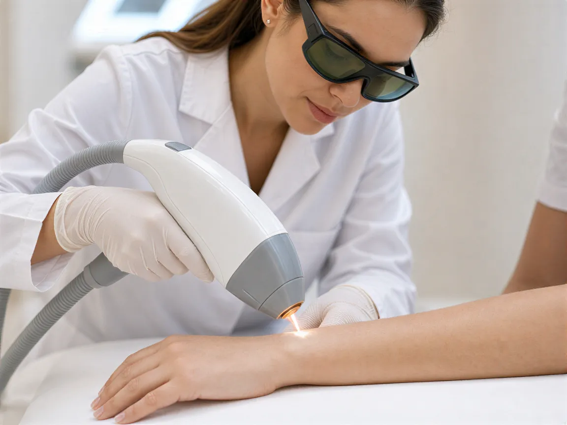 Eine Ästhetikerin führt eine professionelle Laser-Haarentfernungsbehandlung am Unterarm einer Klientin durch.